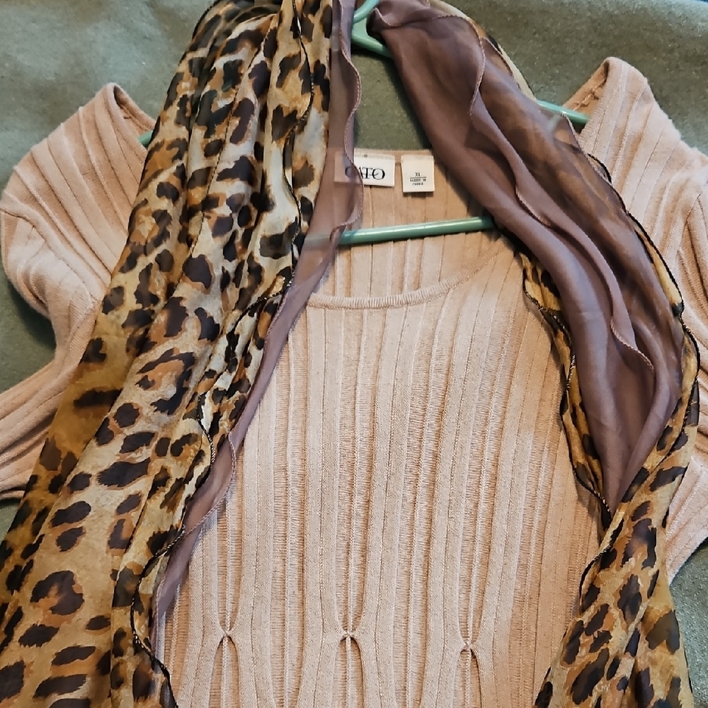 Chic Beige Knit Top with Leopard Scarf